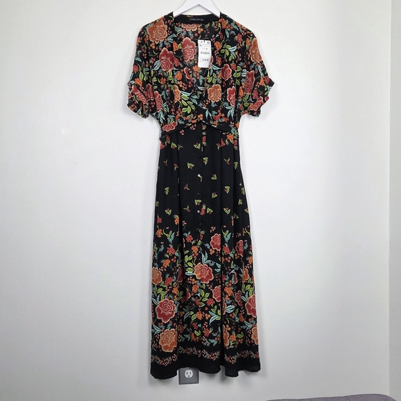Zara Dresses & Skirts - NWT ZARA Floral Print V-Neck Button-Up Short Dolman Sleeve Maxi Dress Size XL